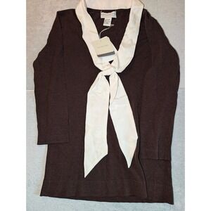 Doncaster Signature Brown Silk Trim Tie Neck Sweater XS NWT Cotton Rayon Knit